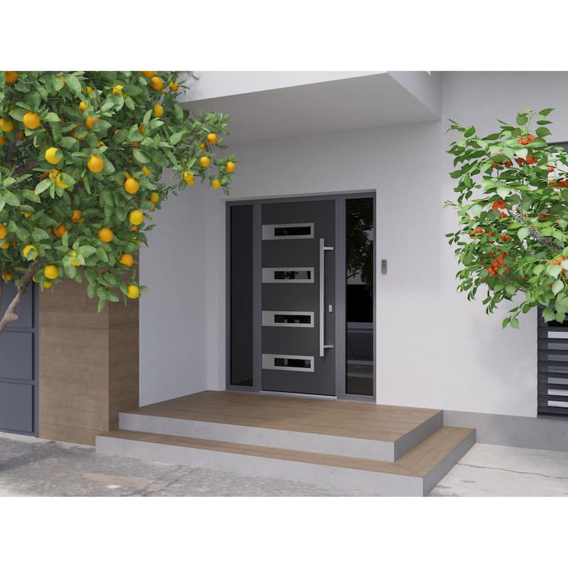 Front Exterior Prehung Steel Door Ronex 0131 Black Enamel Stainless Inserts Entry Metal Painted W36xH80 Left hand Inswing