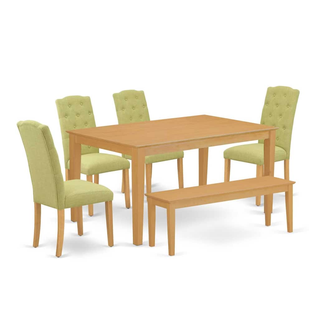 HomeStock 6-Piece Rectangle Natural Oak Finish Solid Wood Top Dining Table with 1 Bench, 4 Chairs with Lattice Back