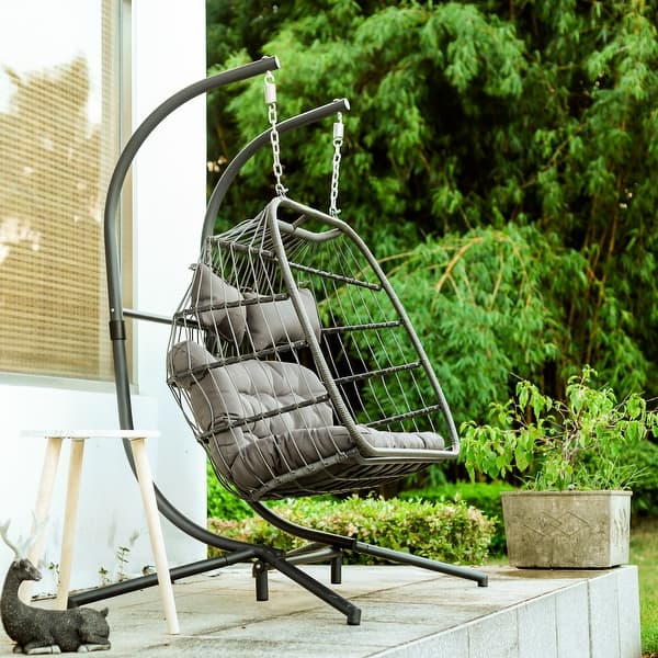 Shop Outdoor Wicker Hanging Egg Chair With Stand Swing Lounge Chair W Cushion For 2 Person X Large 63 W X 78 L X 43 3 D On Sale Overstock 31946111