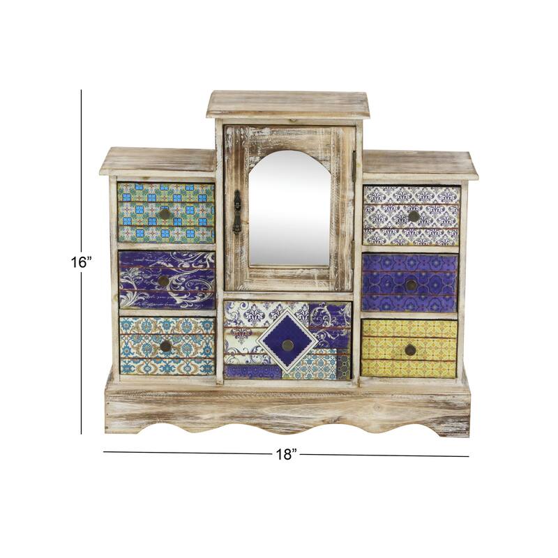 Light Brown Wooden 7 Drawers Decorative Jewelry Box with Patchwork Patterns