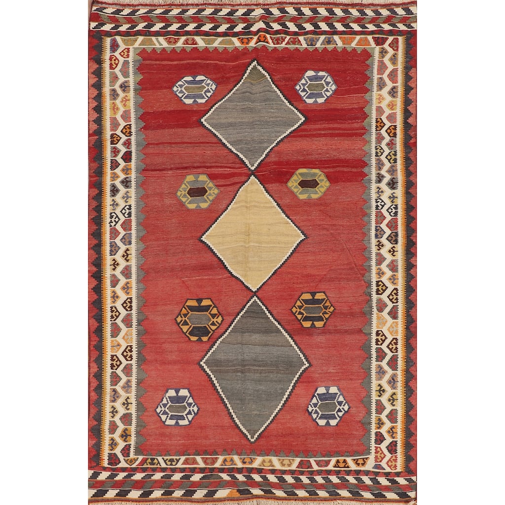 Red Kilim Qashqai Persian Vintage Area Rug Hand-Woven Wool Carpet - 5'1"x 7'11"
