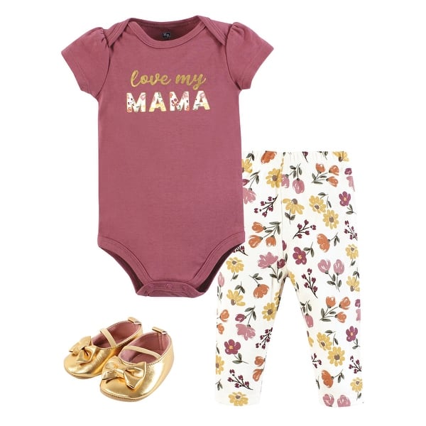 slide 1 of 1, Hudson Baby Infant Girl Cotton Bodysuit, Pant and Shoe Set, Mama Autumn Floral 6-9 Months - Mama Autumn Floral