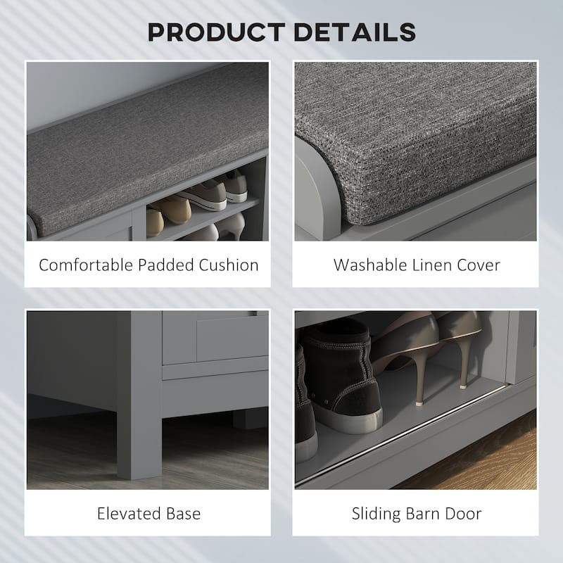 Modern 6 Compartments Shoe Storage Bench with Linen Fabric Cushioned Seat and Sliding Doors - 44" W x 15.75" D x 19.75" H
