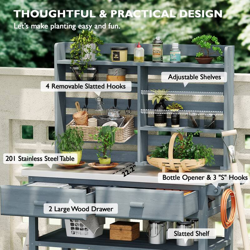 64.9"H Outdoor Potting Table with Lockable Wheels,Solid Wood Kitchen Island with Upper Hutch,Stainless Steel Top,Towel Rack