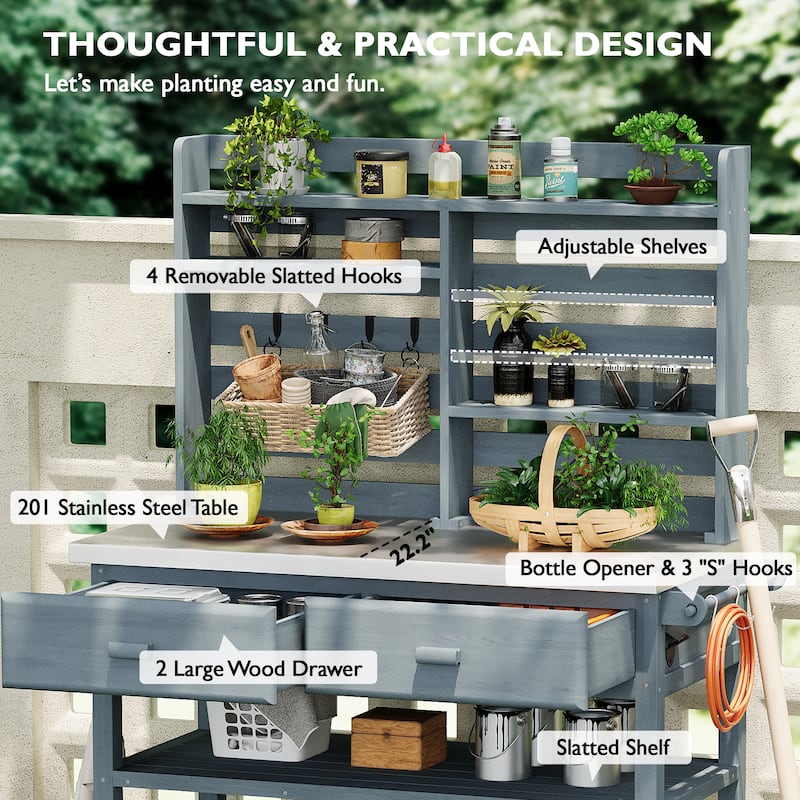 Outdoor Potting Bench Table with Lockable Wheels Solid Wood Kitchen Island and Stainless Steel Top