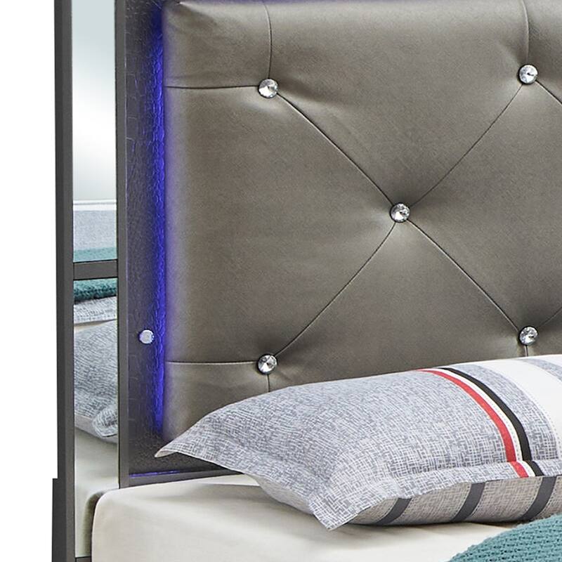 Queen Bed with Metalic Black Finish, LED Headboard, and Leather Upholstery