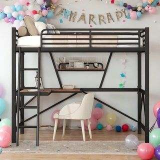 Modern Full Size Metal MDF Loft Bed With Built-in Desk And Shelf for Bedroom