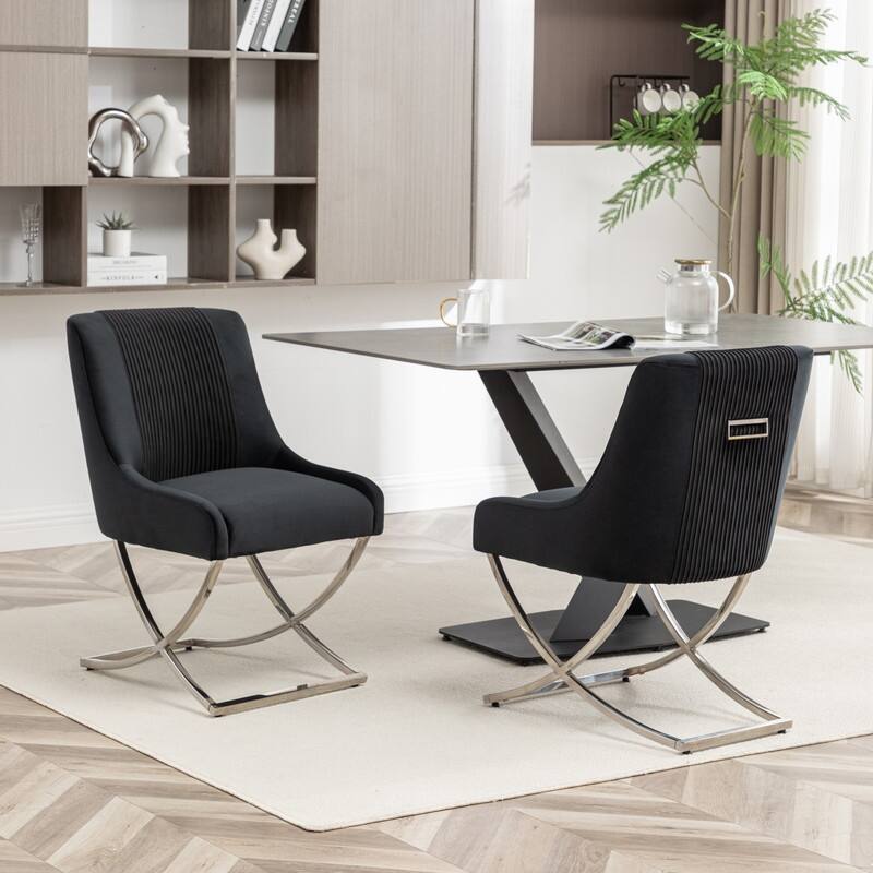 Modern Contempoary Velvet Dining Chair Set of 2 with Metal Frame Legs and Back Pull - Black