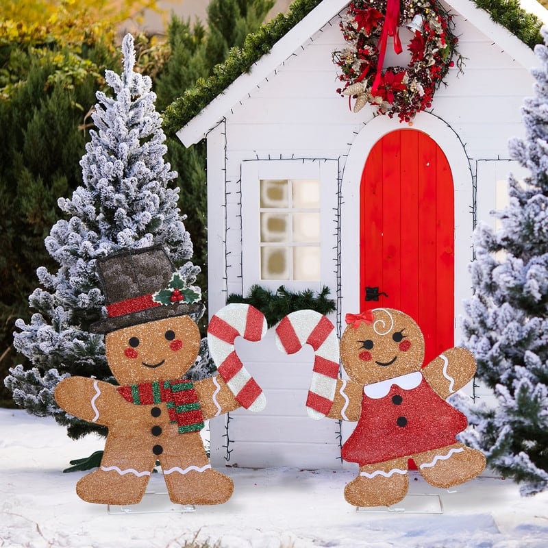 Set of 2 Lighted Gingerbread Man and Candy Cane Christmas Decorations - BROWN