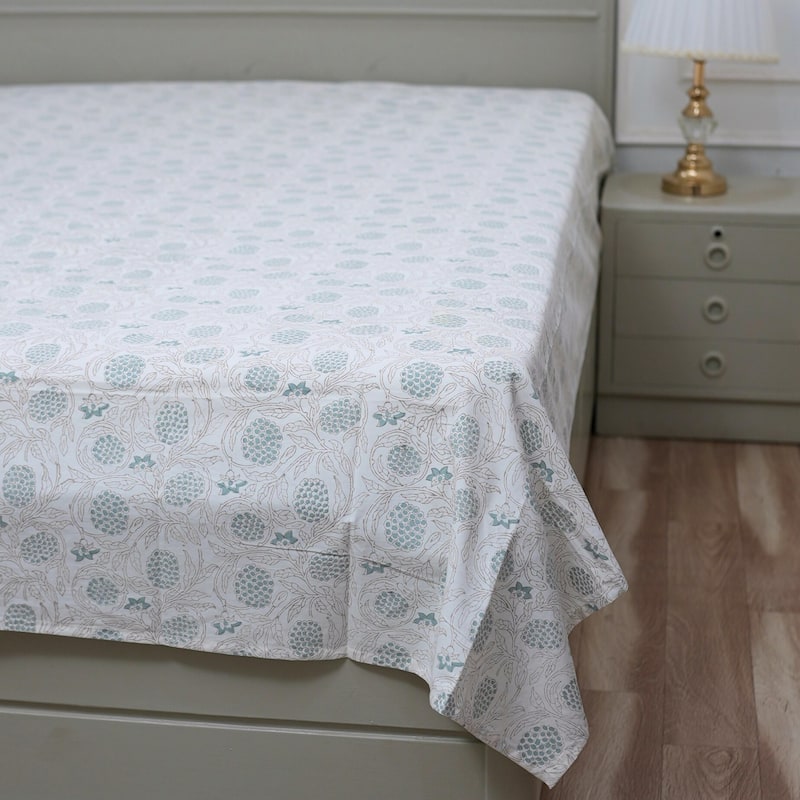 Fabdivine Cotton Hand Block Floral Flat Sheet Bed Room Home Décor Accent Gift - Meraki- Sky Blue, Brown - California King