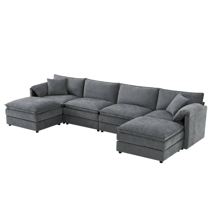 136" U-Shaped Chenille Cloud Sectional Sofa with Dual Ottomans