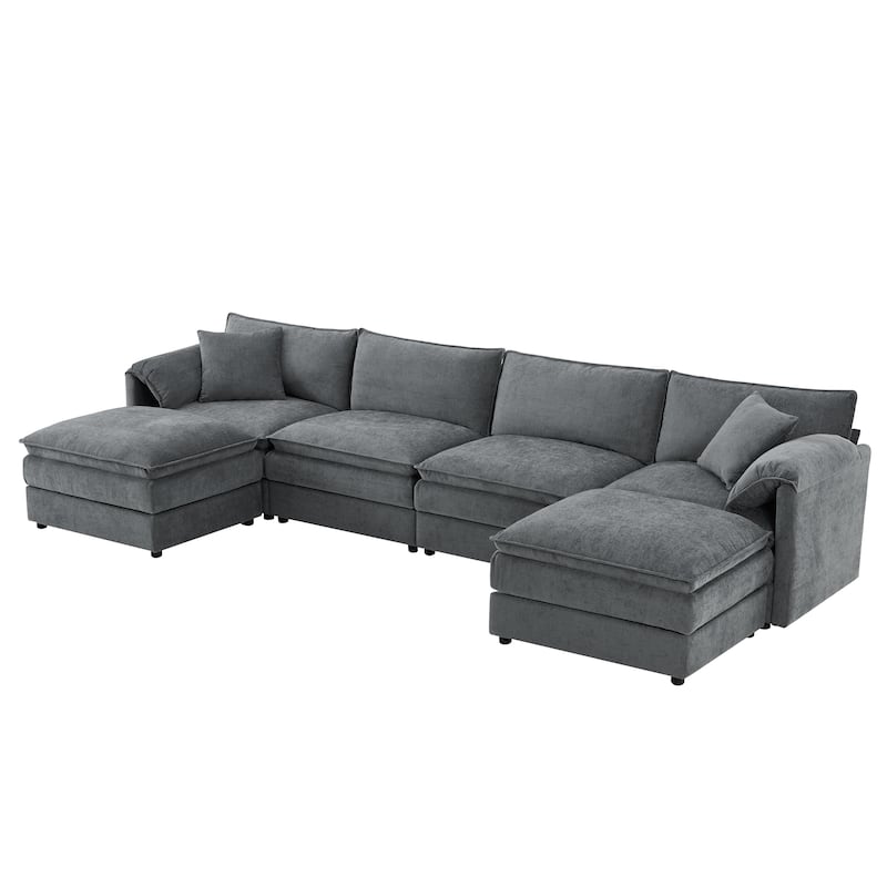Roomfitters 136" Chenille Sectional Sofa, U Shaped Cloud Couch with Deep Wide Seat, 6 Seat Sofa with Ottoman