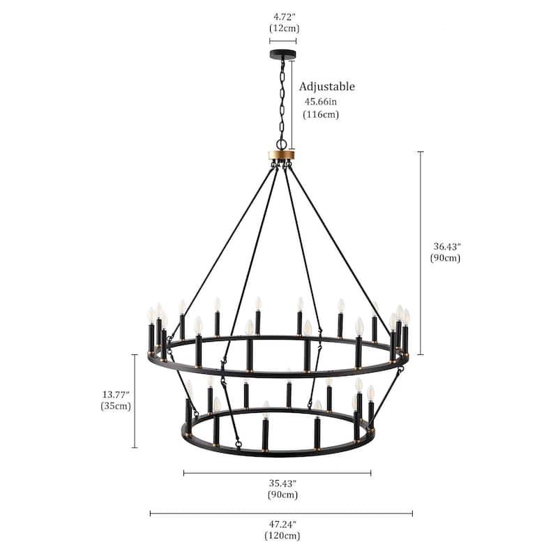 Black Industrial 28-Light Wagon Wheel 2-Tier Candle Style Chandelier