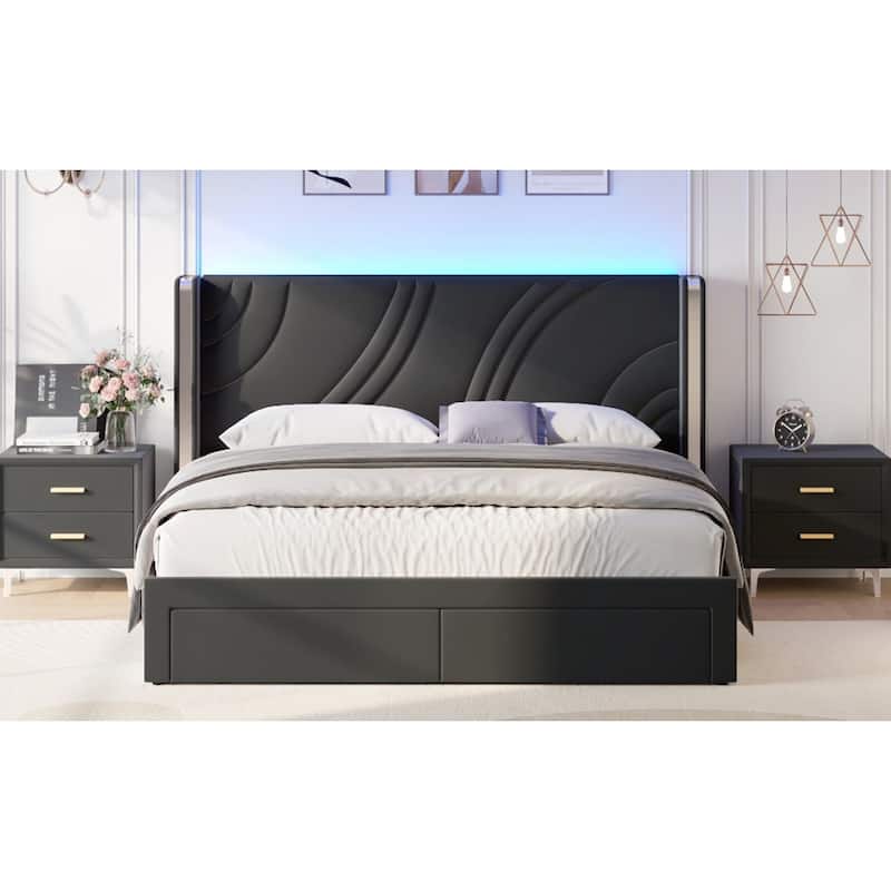 Queen Size Modern Upholstered LED Bed Frame