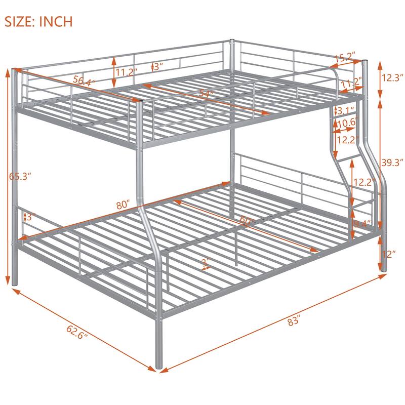 Full XL Over Queen Metal Bunk Bed with Chrome Finish - Sturdy Iron Frame, Space-Saving Design