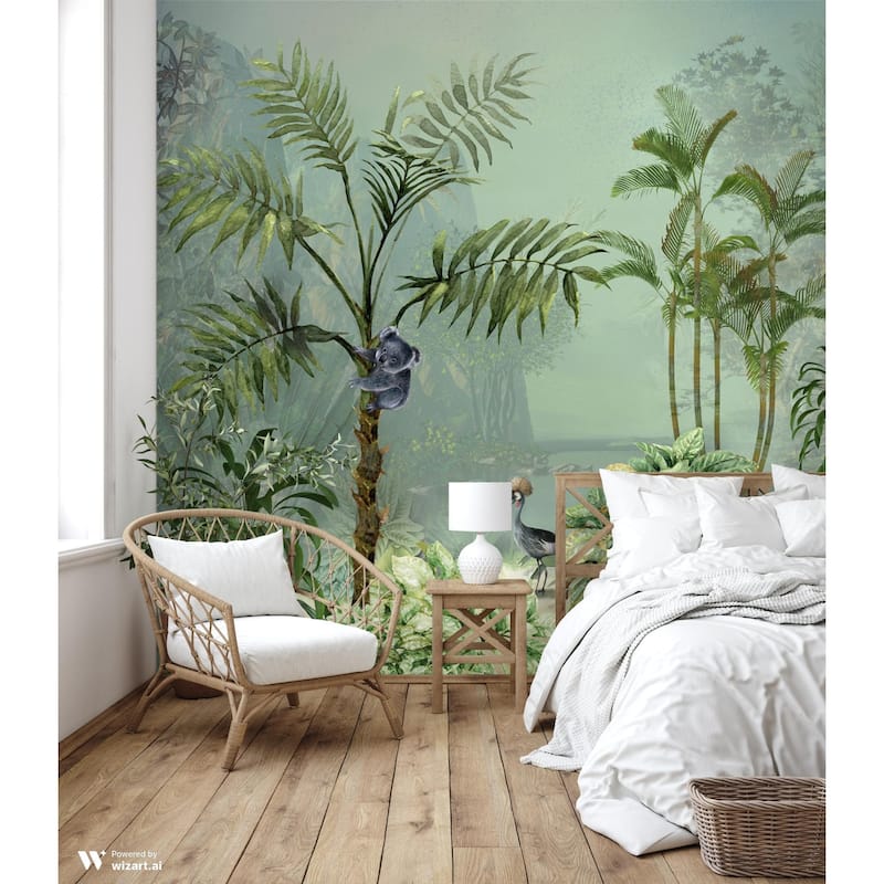 Tropical Forest Wildlife Wallpaper Mural Koala and Crane Jungle Scene