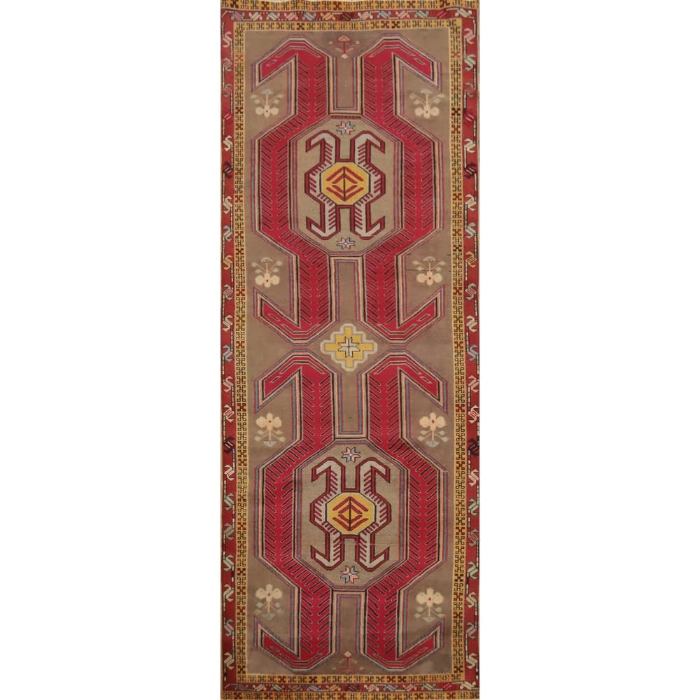 Hand Knotted Oriental 100% Wool Carpet Traditional Tribal Brown Ardebil Runner Rug - 10' 3'' X 3' 9''