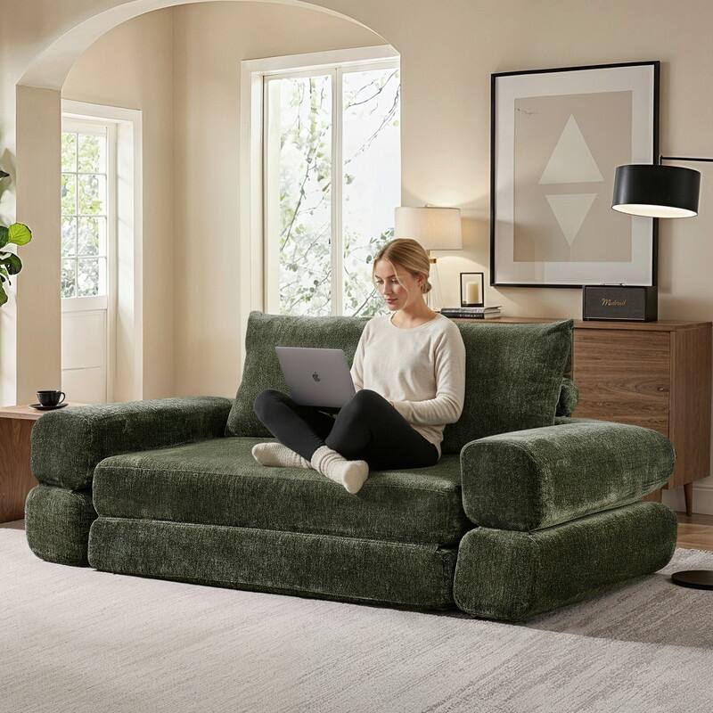 Modern Chenille Convertible Sofa Bed Queen Size Split Back Design