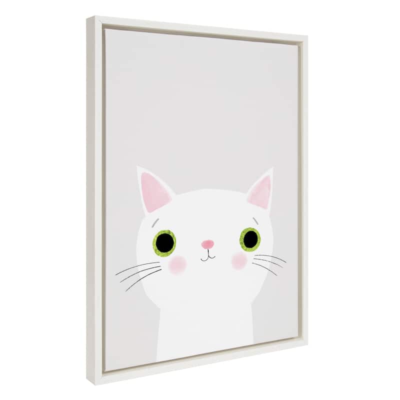 Kate and Laurel Sylvie White Cat with Green Eyes Framed Canvas by Planet Cat - 18x24 - White