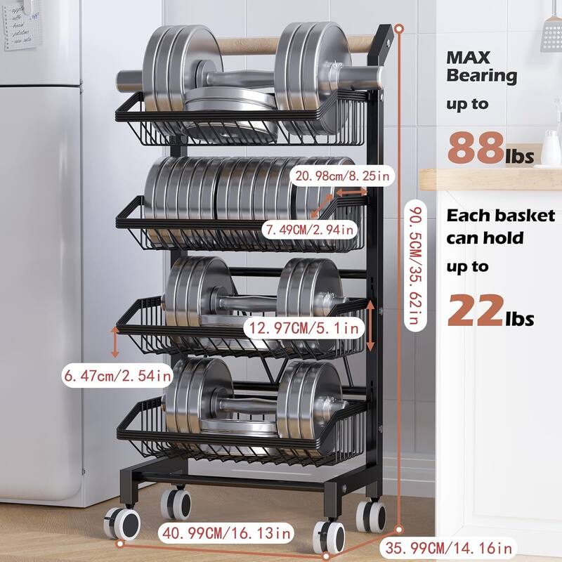 Snack Cart with Wheels 4-Tier Adjustable Fruit Rack Fruit Vegetable Basket Cart - 12.2"D x 15.35"W x 34.45"H