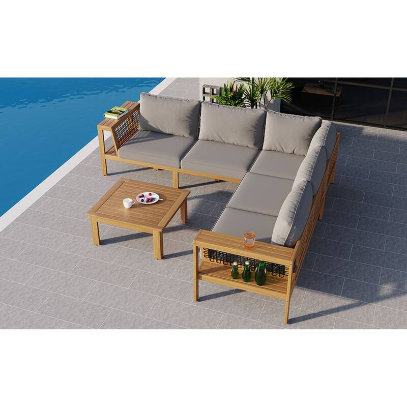 Roomfitters 4-Piece Outdoor Sectional Sofa Set with Coffee Table and Built-in Side Shelves, Wood Frame