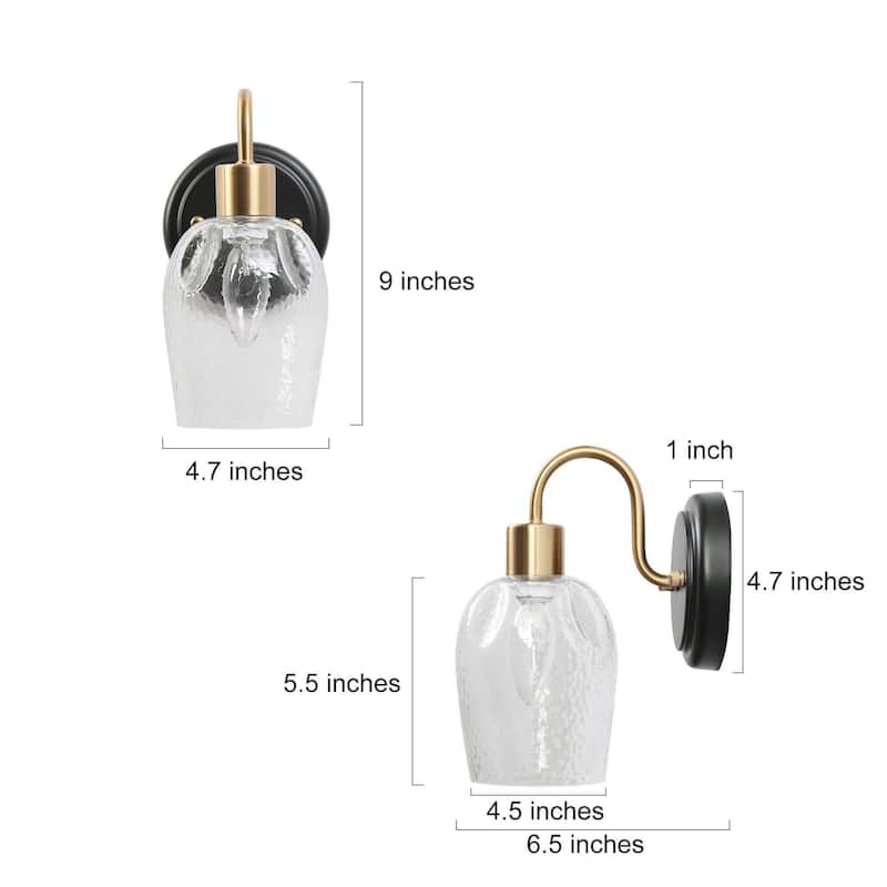 Waylin Modern Elegant 1-Light Water Ripple Glass Shade Black Gold Wall Sconce Dimmable Bathroom Vanity Lighting