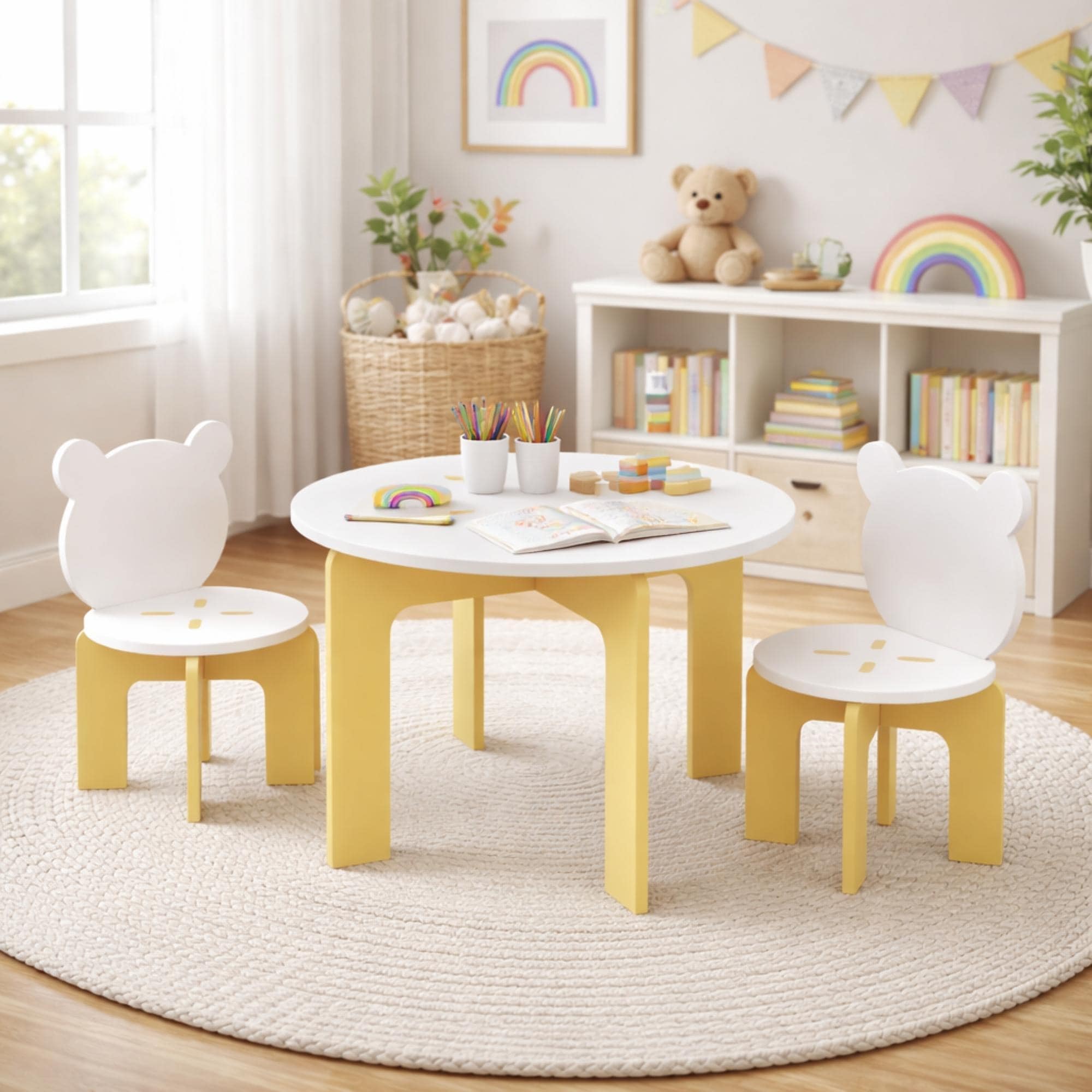 Kids Table and Chair Set, 3-Piece Toddler Table with 2 Chairs, Cute Bear-Back Chairs, Sturdy Wooden Activity Table Set