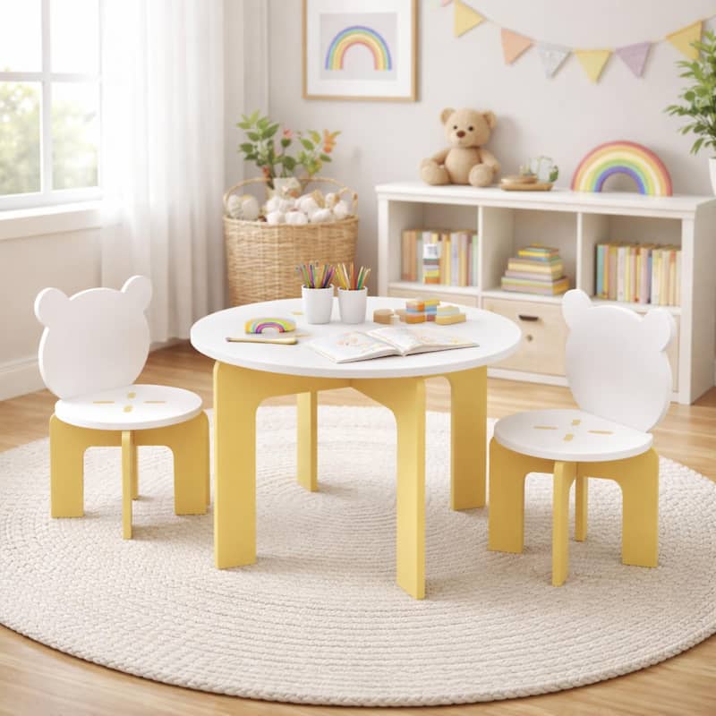 Kids Table and Chair Set, 3-Piece Toddler Table with 2 Chairs, Cute Bear-Back Chairs, Sturdy Wooden Activity Table Set - White+Yellow