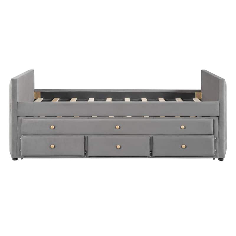 HomeRoots Dark Gray Tufted Velvet Upholstered Full Day Bed With Trundle And Drawers