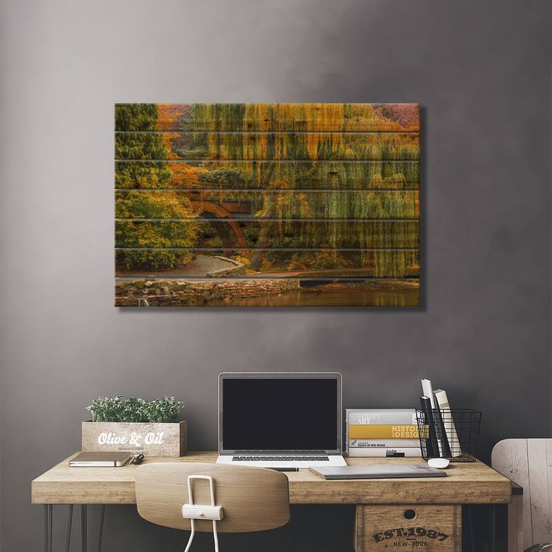 Willows Over The Pond Print On Wood by Don Schwartz - Multi-Color