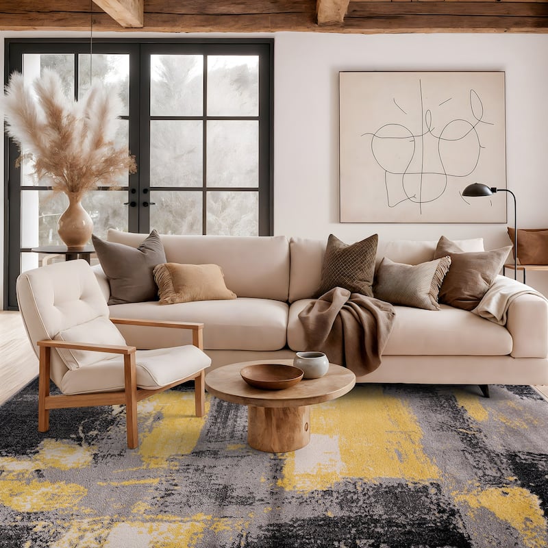 World Rug Gallery Contemporary Abstract Watercolor Yellow Area Rug - 5' x 7' - Rectangle