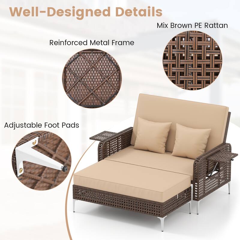 Gymax 2PCS Wicker Loveseat & Storage Ottoman w/ 4-Level Backrest &