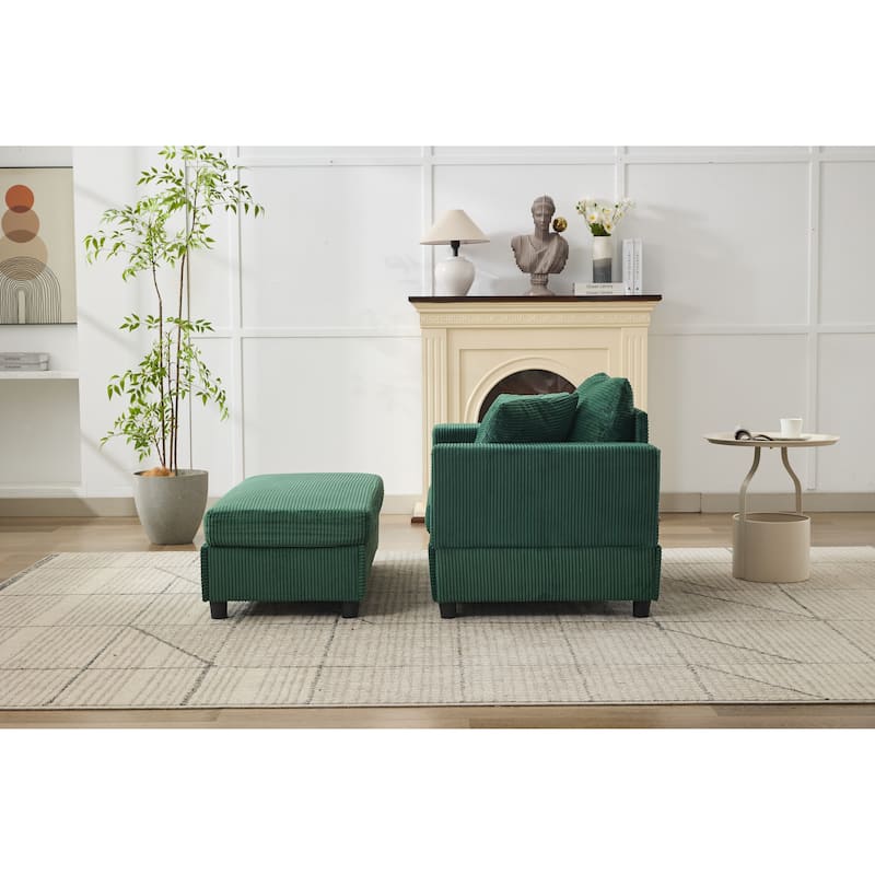 Chaise Lounge Chair with Removable Ottoman, Modern Accent Armchair Corduroy Sleeper Sofa Chair with Pillows for Living Room