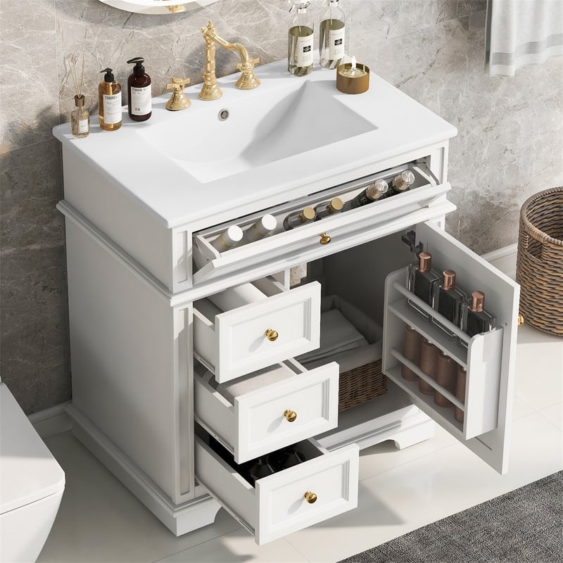 30" Bathroom Vanity with Ceramic Sink, Bathroom Vanity Cabinet with 3 Drawers, 1 Tip-out Drawer, Door Shelf & Soft Closing Door - White