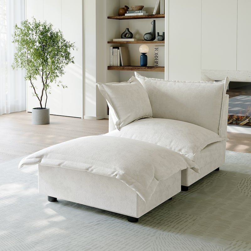 Casual 40"W Oversized Soft Comfy Cloud Chenille Chaise Lounge with Ottoman - Left Facing - Beige