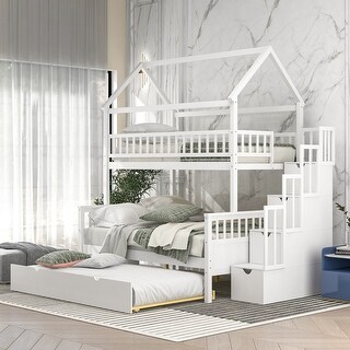 MDF Full Size Twin House Bunk Bed with Storage Staircase and Trundle,Full-Length Guardrail
