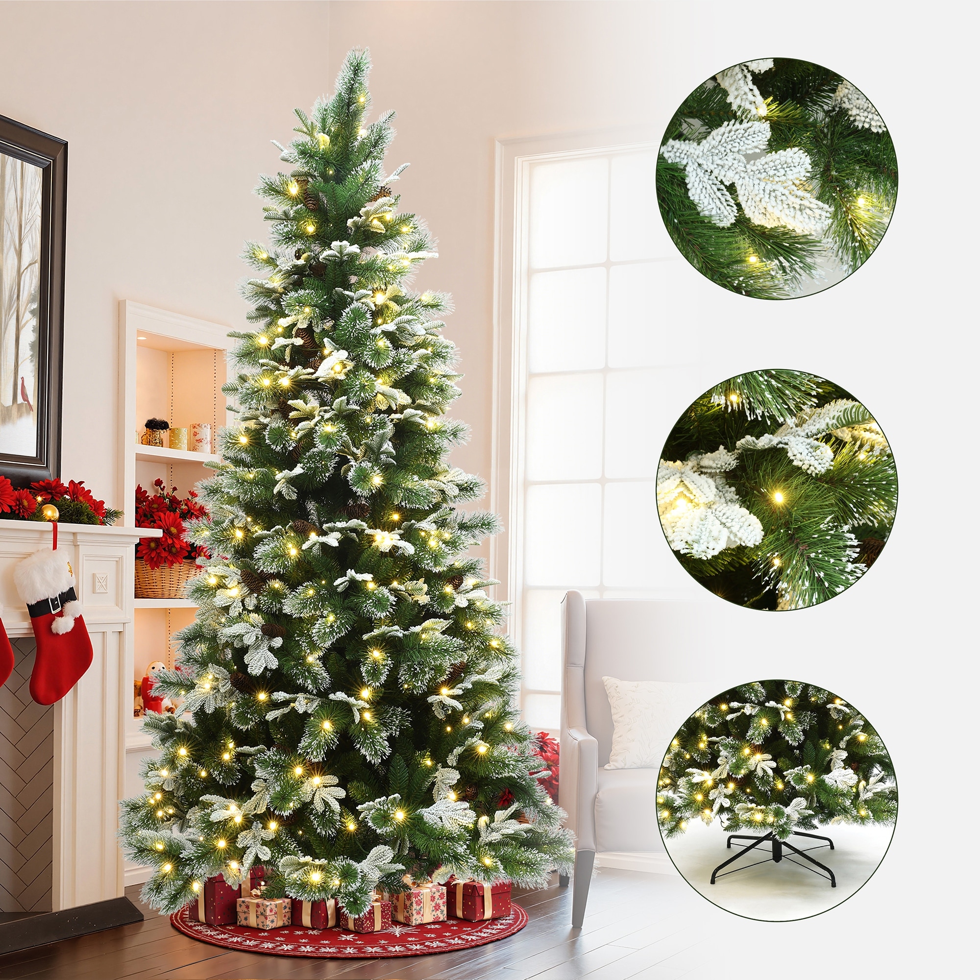 Pre-Lit Snow-Flocked Green Branches Artificial Pine Christmas Tree with Stand