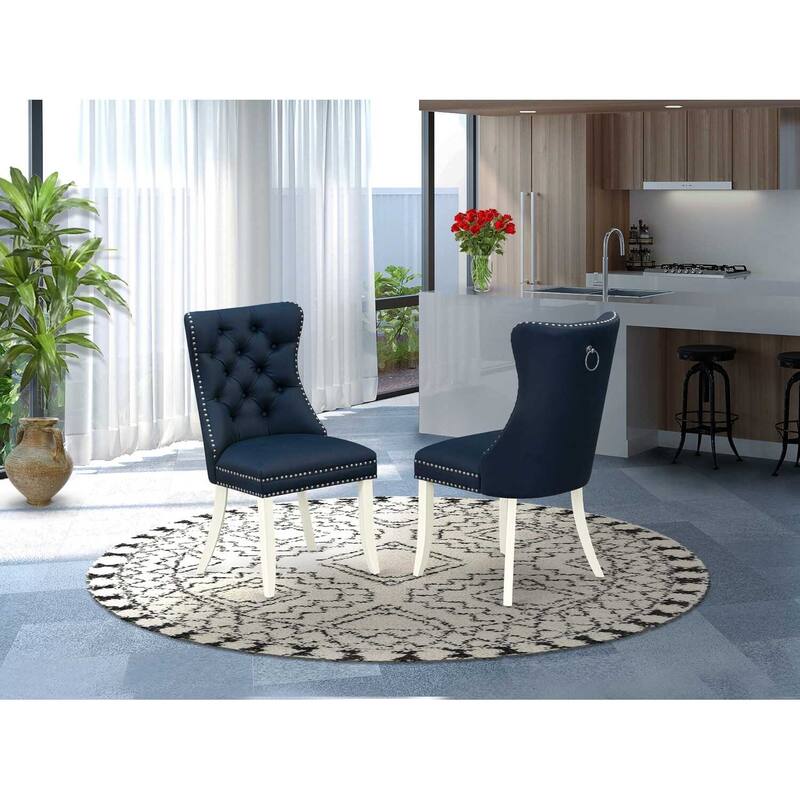 Parson Dining Chairs Set of 2 - Navy Blue Faux Leather Padded Chairs with Nailhead Trim