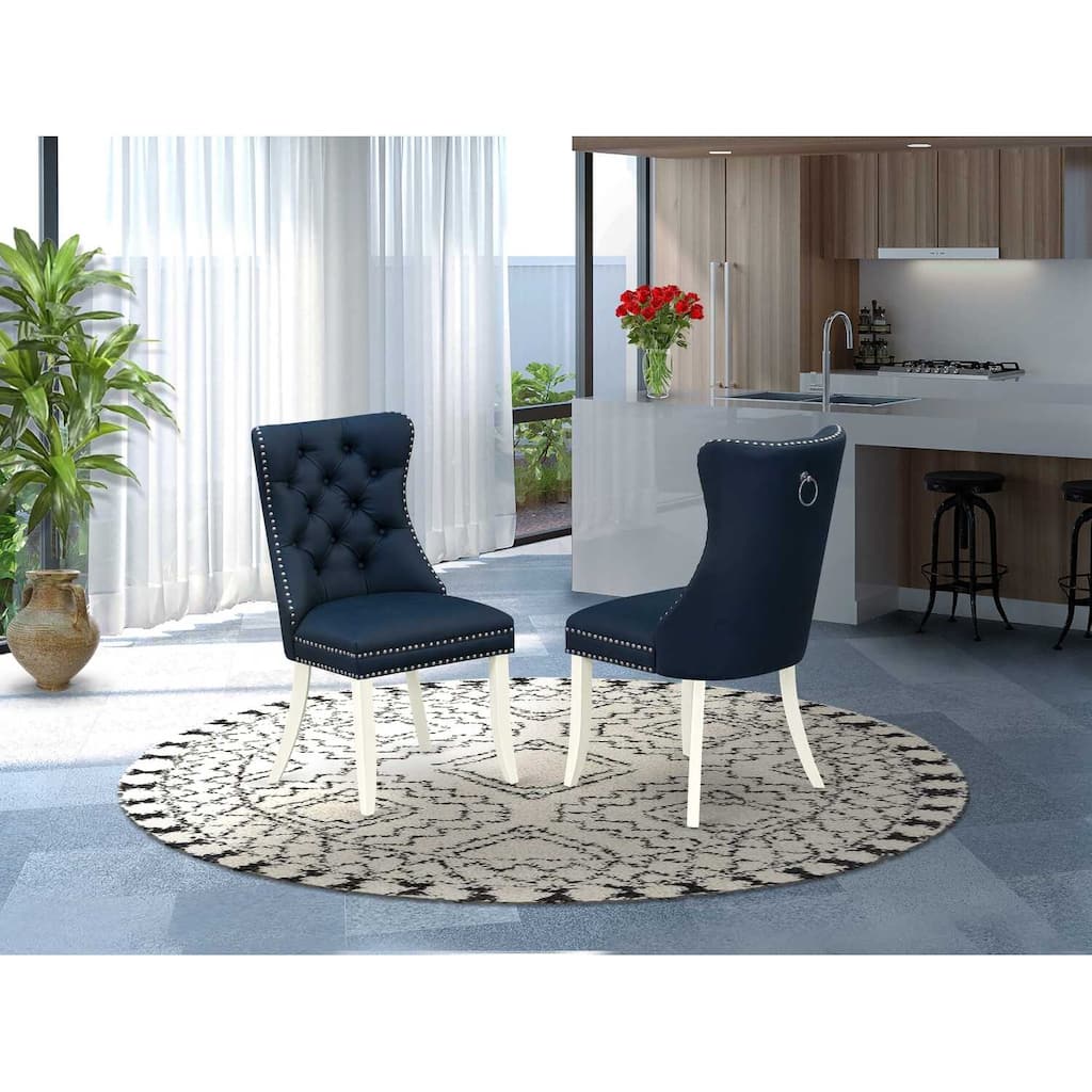 Parson Dining Chairs Set of 2 - Navy Blue Faux Leather Padded Chairs with Nailhead Trim