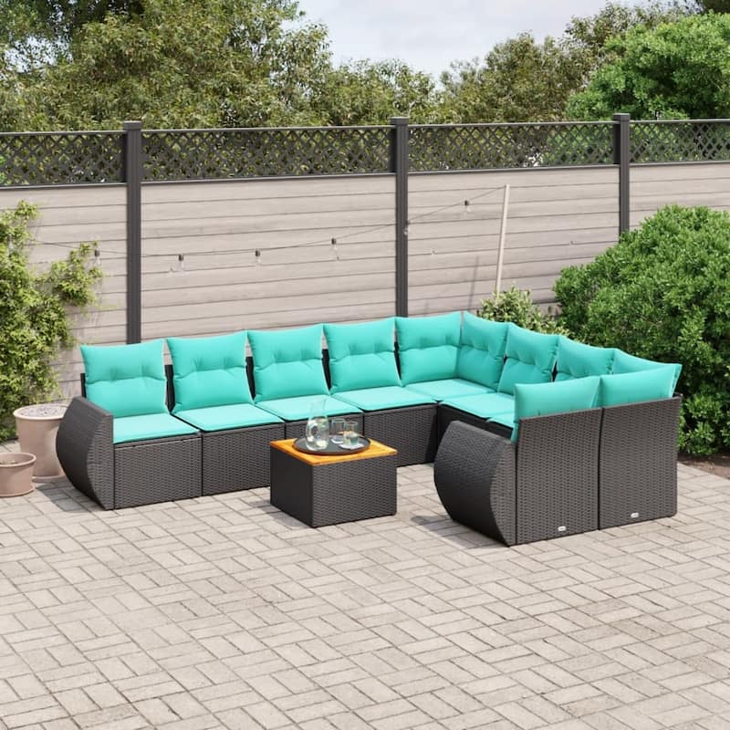 vidaXL 10 Piece Patio Sofa Set with Cushions Black Poly Rattan - 24.4 x 24.4 x 27.2
