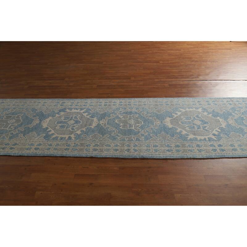 Hand Knotted Oriental 100% Wool Carpet Transitional Geometric Navy Blue & Blues Oushak Runner Rug - 15' 11'' X 3' 4''