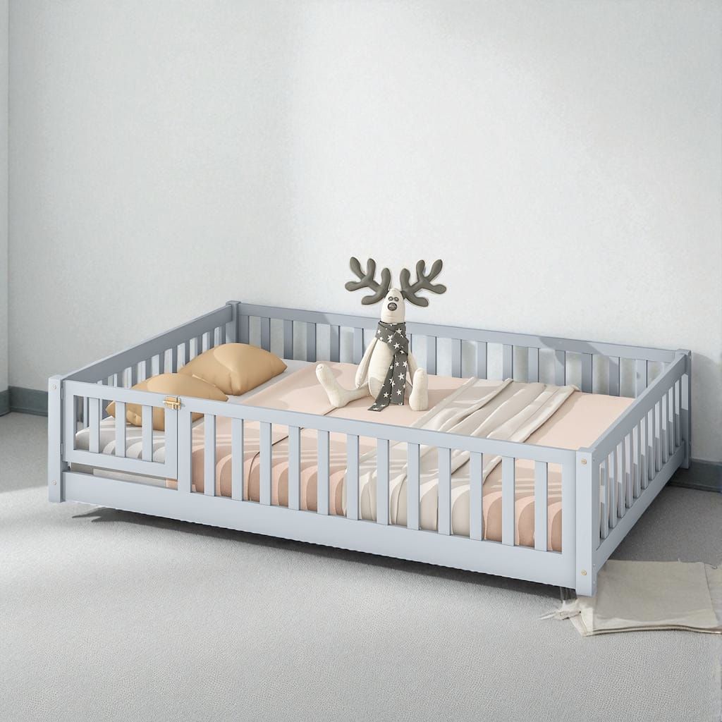 Full Size Rubber Wood Floor Bed with Fence, Door and Safety Guardrails for Kids