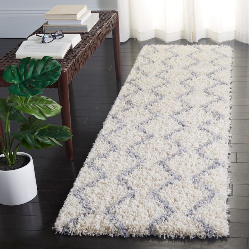 SAFAVIEH Venus Shag Johar Moroccan 1.75-inch Thick Rug - 2'2" x 8' Runner - Ivory/Grey