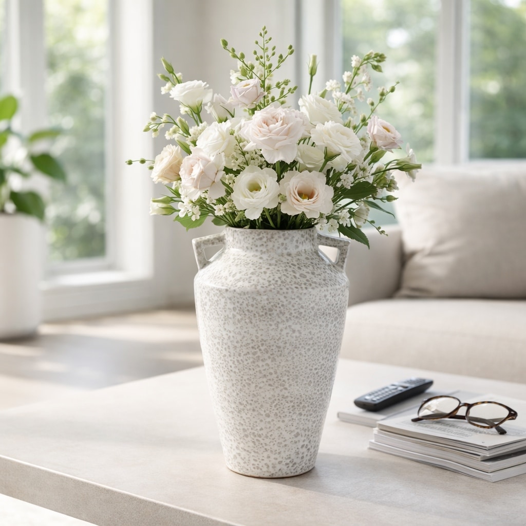 Decorative Vase - White Ceramic Textured Handles, 16 in.