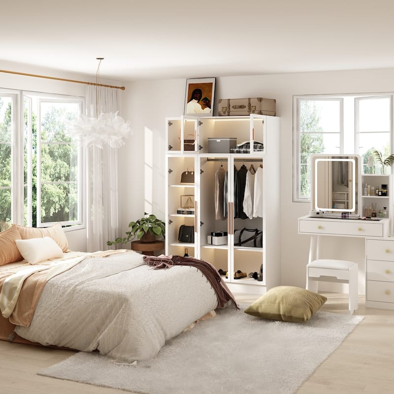 47.2" Wide Armoire LED Light All Glass Door Closet Cabinet Wardrobe