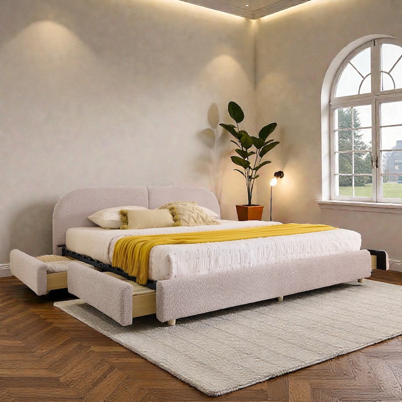 Upholstered Bed Frame with Tall Curved Headboard and Storage Drawers, Modern Minimalist Platform Bed No Box Spring