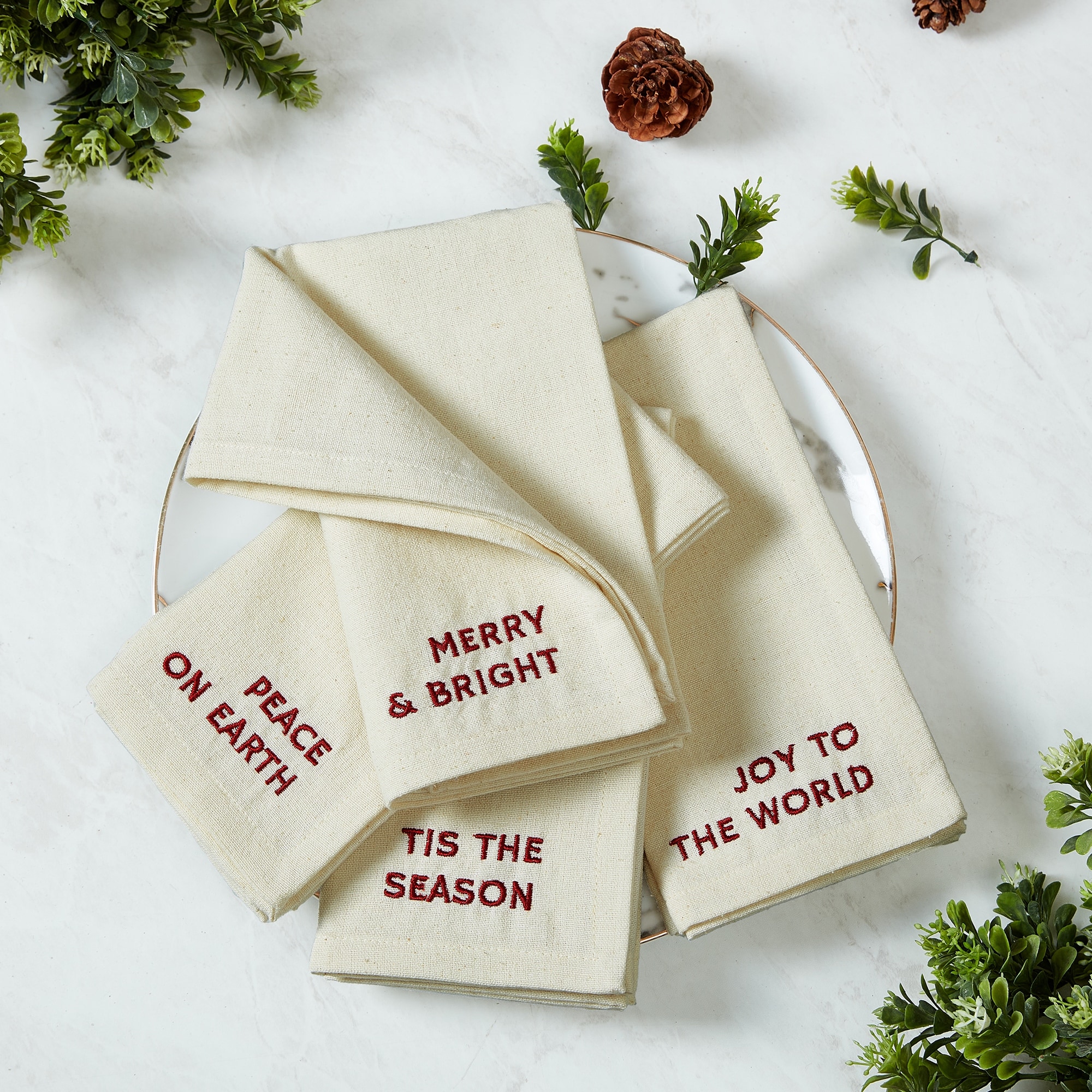 Joyful Sentiment Christmas/Holiday Embroidered Napkins, Set of 4 - 17x17