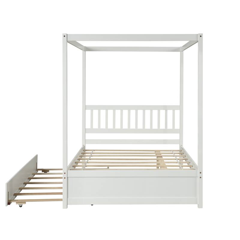 Kids Full Size Canopy Bed with Trundle, Solid Wood Frame, No Box Spring Needed