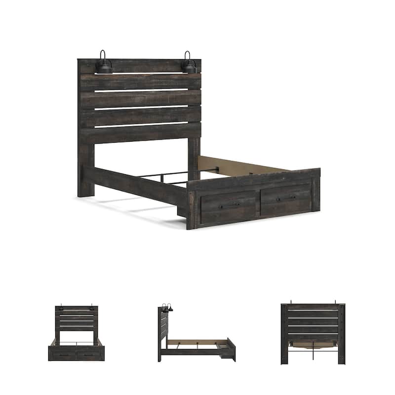 Drystan Rustic Brown Panel Bed with Footboard Storage Drawers