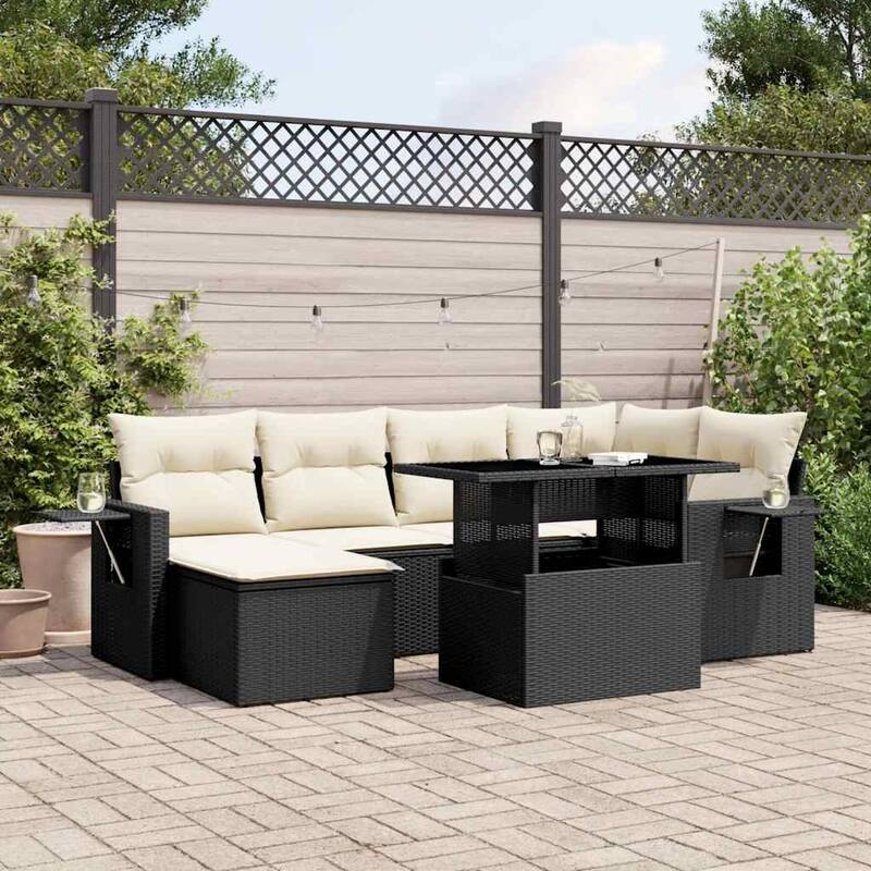 vidaXL Patio Sofa Set with Cushions Outdoor Furniture 7 Piece Poly Rattan - 21.7 x 39.4 x 28.7 - Black and Cream-without storage